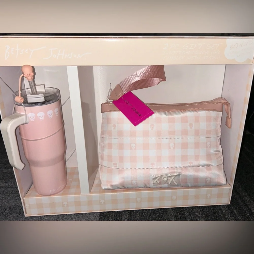 BETSEY JOHNSON PEACH & WHITE CHECKERED SKULL LUNCH BAG & SKULL TUMBLER SET NWT - Picture 2 of 12